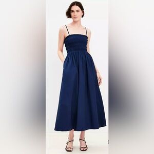 LOFT Poplin Smocked Strappy Maxi Pocket  Navy‎ Blue Midi Dress size Medium